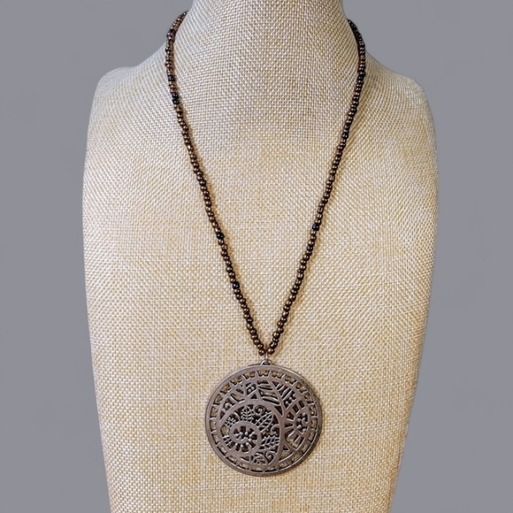 Beaded Necklace with Metal Pendant - Picture 1 of 17